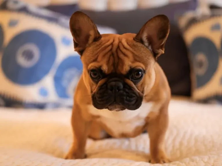 French Bulldog sitting on a bed